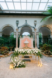 Interior of wedding ceremony at Vizcaya Gardens in Miami, event planning by Inspired Events